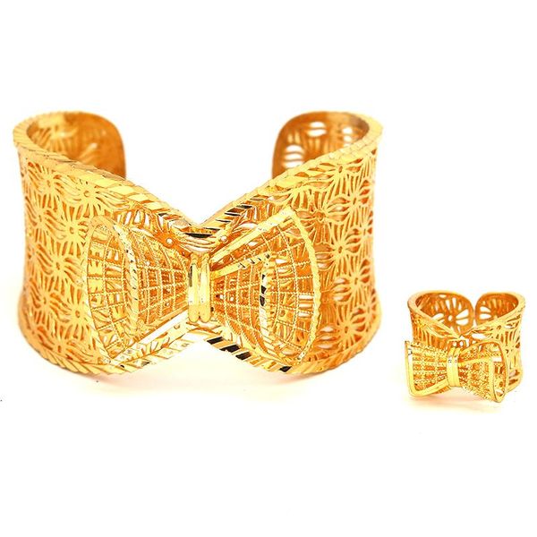 

bangle ethiopian jewelry 24k bow tie gold color copper bracelet with ring dubai bangles for women african girls bridal gifts, Black