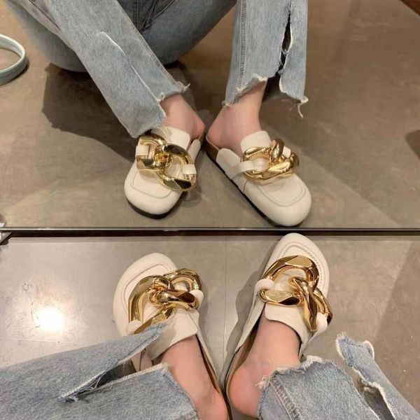 

slippers 2021 fashion style golden chain lazy half, Black