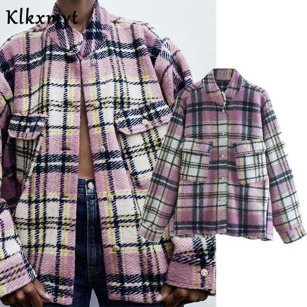 

klkxmyt za women fashion plaid diamond buttons loose jacket coat vintage long sleeve pockets female outerwear chic 210527, Black;brown