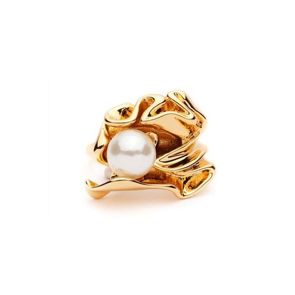 

wedding rings vintage fashion round white pearls leaves fold geometric finger for women gold color metal irregular party jewelry, Slivery;golden