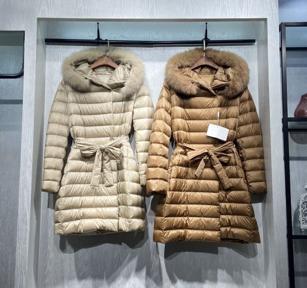 

down jacket 21 years max series autumn and winter clothes lace up thickened women's leisure white duck collar medium long, Black