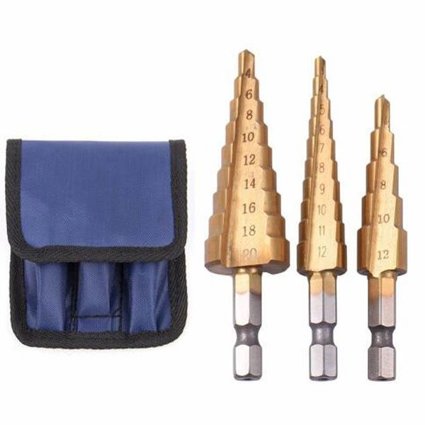 

professional hand tool sets 3pcs hss steel titanium step drill bits 3-12mm 4-12mm 4-20mm cone cutting tools woodworking wood metal drilling