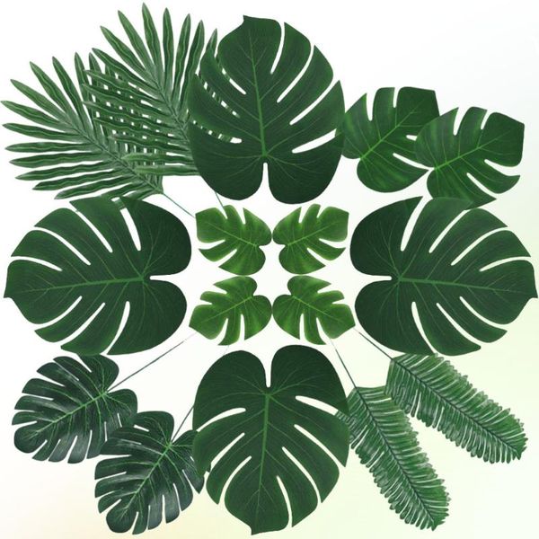 

60pcs hawaiian theme party artificial tropical leaves monstera lifelike palm leaf beach forest diy home decoration party plants