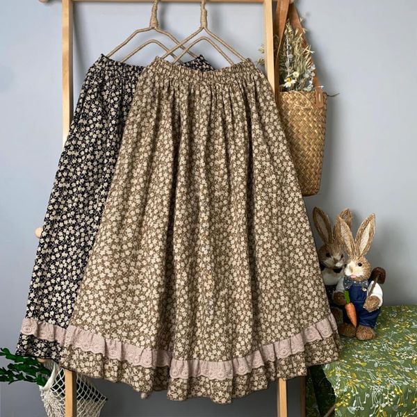 

skirts 2021 spring women a-line skirt japan style mori girl floral print hollow lace loose, Black