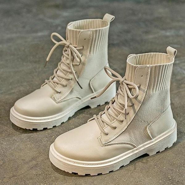 

boots women motorcycle ankle booties ladies casual shoes female fashion leisure botas mujer lace-up stretch fabric, Black