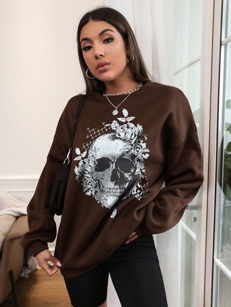 

skull & floral print drop shoulder pullover l6ls#, White;black