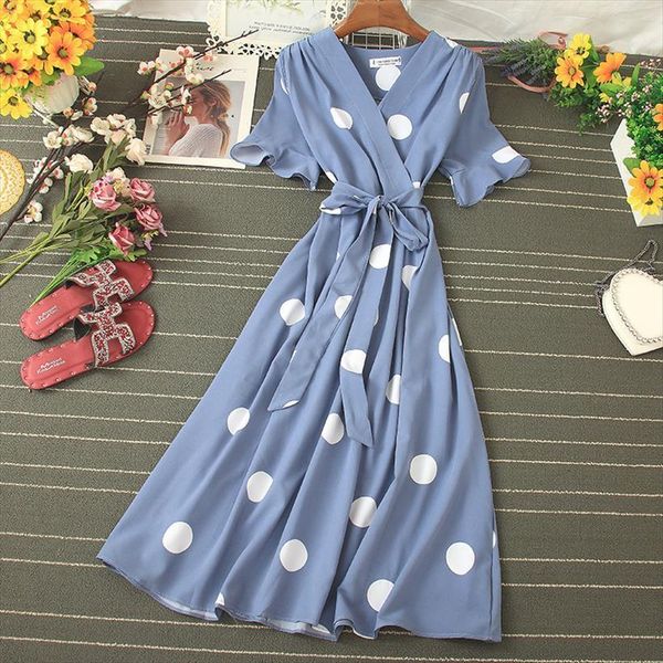 

vintage polka dot midi women tank dress summer v neck flare sleeve casual vestidos verano elegant blue white sashes