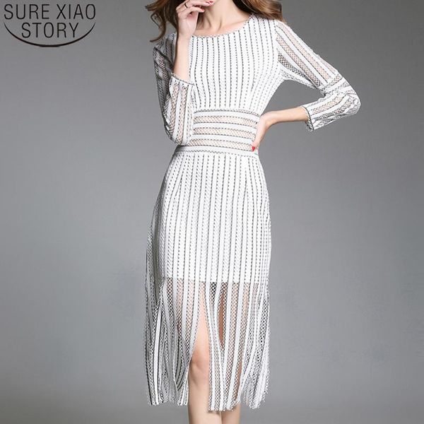 

casual dresses fashion hollow out dress tassel lace 2021 european and american striped long sleeve spring bottoming 12841, Black;gray