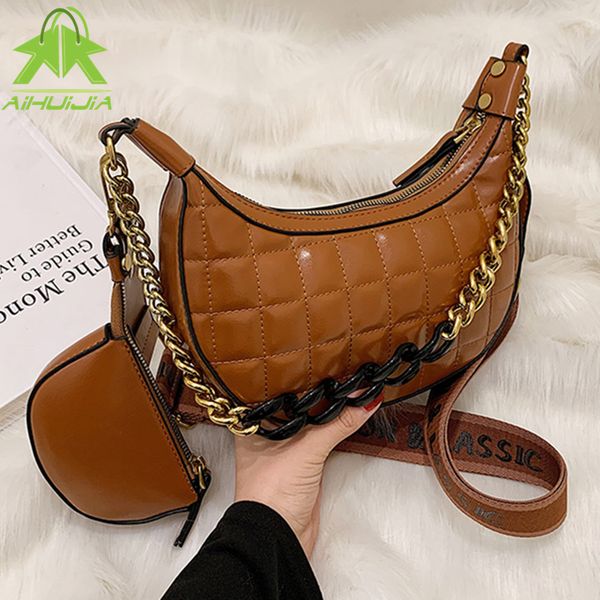 

2-in-1 new trend womens bags 2021 fashion chain shoulder bag messenger bag pu leather zipper baguette luxury designer handbag