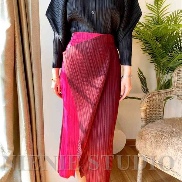 

miyake pleated skirt high waist one button stitching long asymmetrical skirt two-piece straight korea skirt 4984 210724, Black