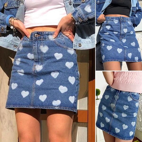 

skirts women's love printed a-line skirt high waist casual short blue, Black
