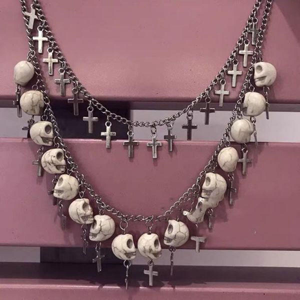 

chains vintage harajuku punk fashion style jewelry skull cross white skeleton chain aesthetic egirl double layer necklace y2k, Silver