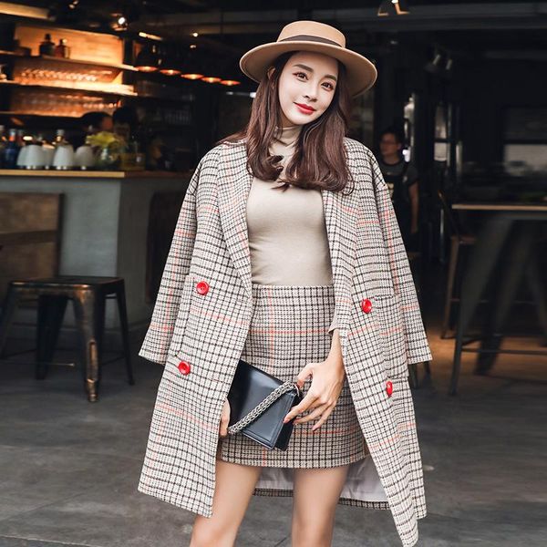 

work dresses vintage skirt suit 2021 3/4 sleeve cotton blends plaid long blazer winter coat women+mini a line two piece autumn sets, White;black