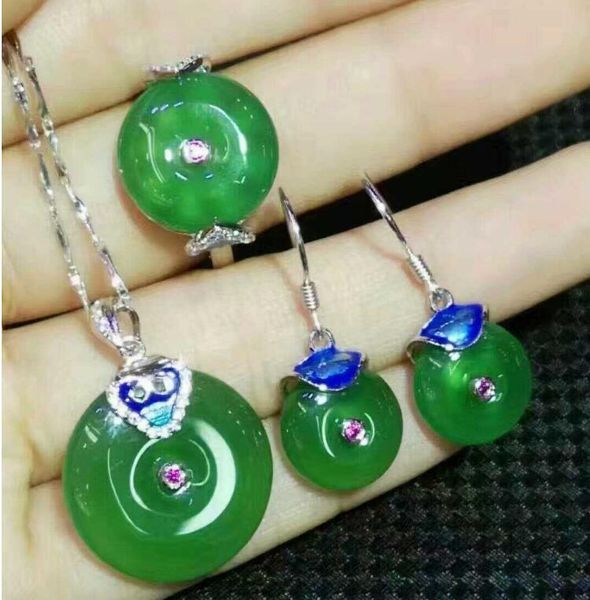 

bracelet, earrings & necklace fine jewelryfine 925 mosaic natural chalcedony with enamel pendant ring jewelry suit box, Black