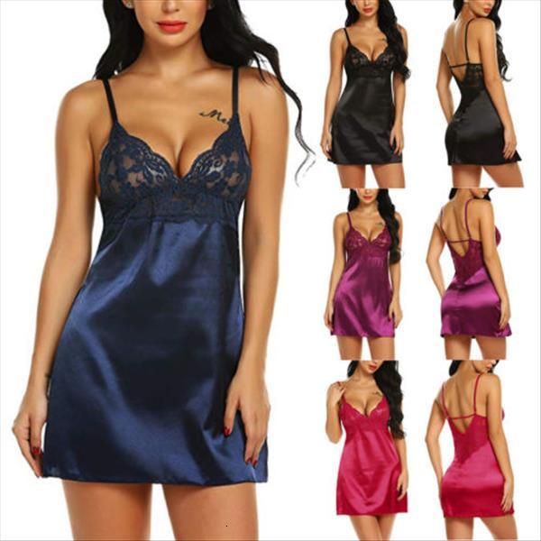 

2020 new women summer lingerie lace patchwork robe babydoll nightdress nightgown sleepwear dress, Black;red