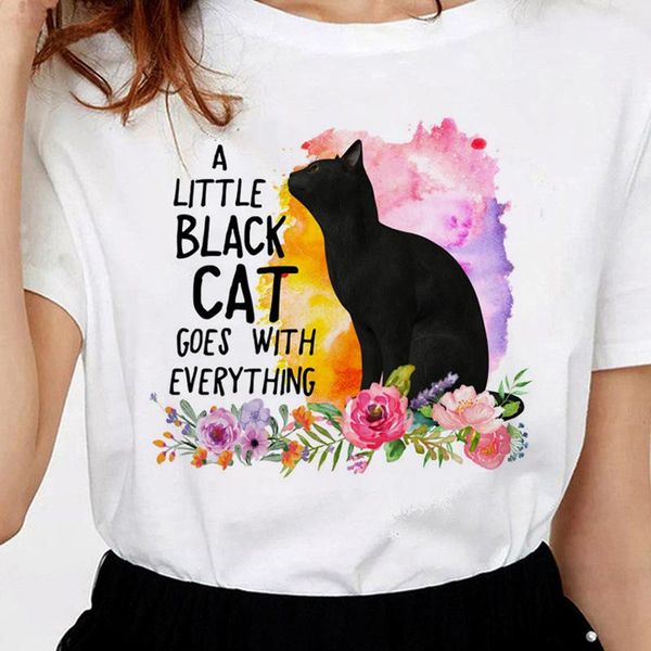 

women's t-shirt cartoon cat female funny kawaii ulzzang korean style gothic graphics casual aesthetic, White