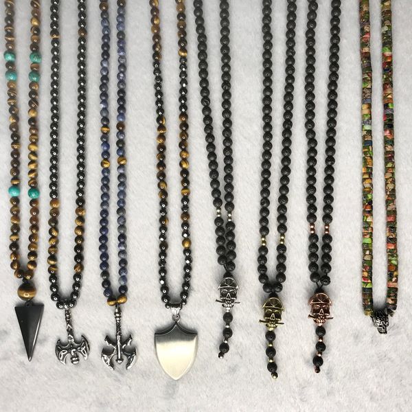 

natural stone necklace long necklaces 6mm tiger stone bead black hematite triangle skull pendants mens necklace fashion jewelry, Bronze;silver