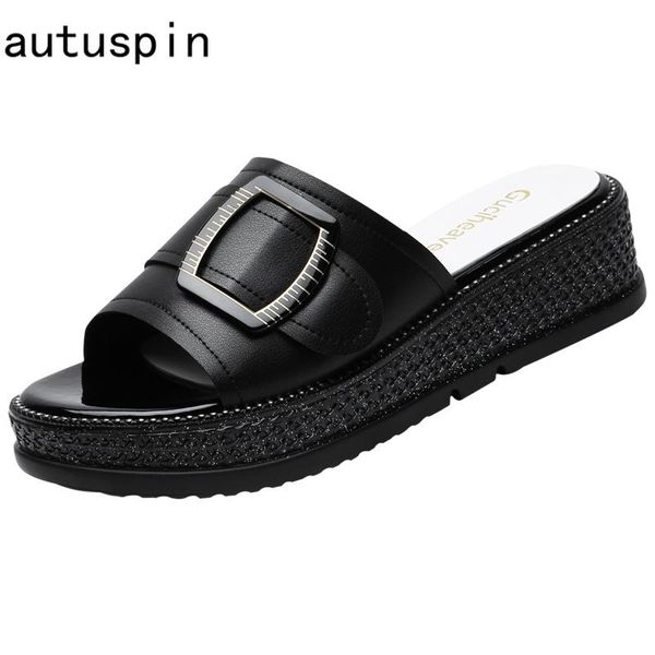

autuspin women slippers 2021 summer pu leather buckle decoration platform slides outdoor female fashion casual shoes, Black