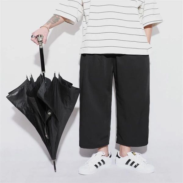 

men's pants straight casual wide leg summer japanese short loose trend shorts, Black