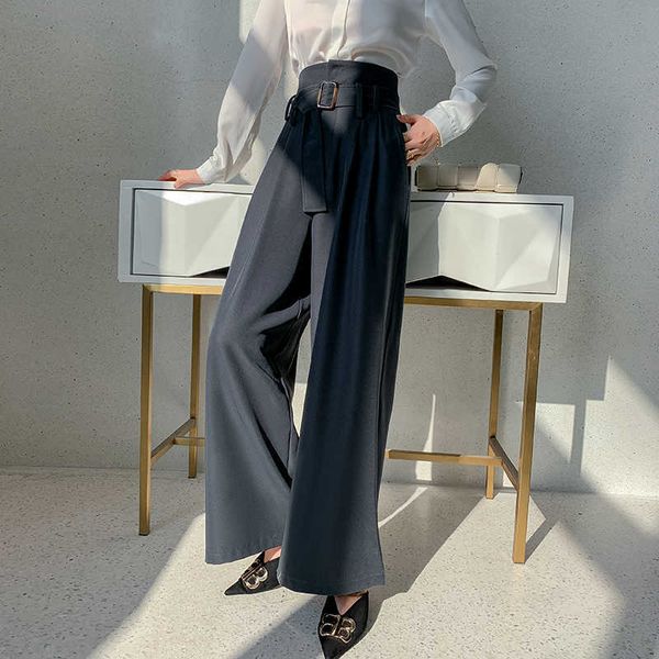 

chic women's straight wide leg pants with belt spring summer female casual loose high waist pants trousers 210702, Black;white
