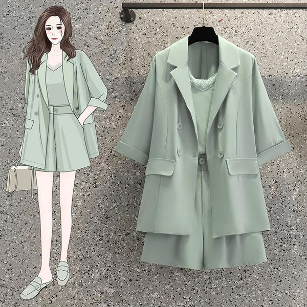 

women's tracksuits summer suit female plus size 2021 korean version of high waist shorts chiffon vest casual outfits three-piece set, Gray