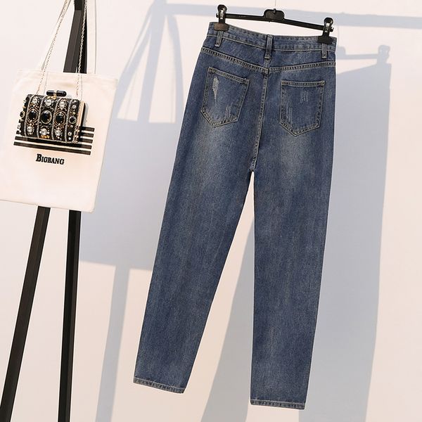 

more size 4xl torn boyfriend jeans for the women fashionable loosen vintage waistline high waist brim hole demin pant pantalones mujer zszo, Blue