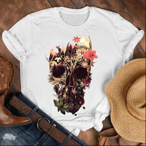 

women lady floral plant face horror summer fall fashion shirt clothes womens female print t tshirt tee graphic t shirt, White