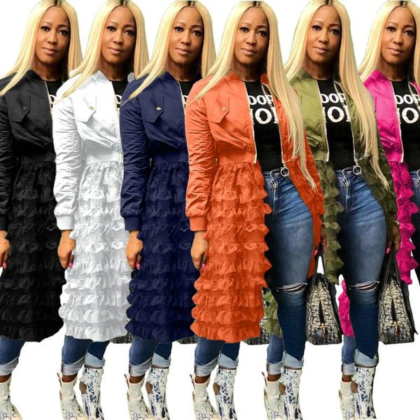 

women's jackets rmsfe 2021 spring and autumn women fashion long sleeve zipper solid color jacket + mesh lace skirt coat, Black;brown