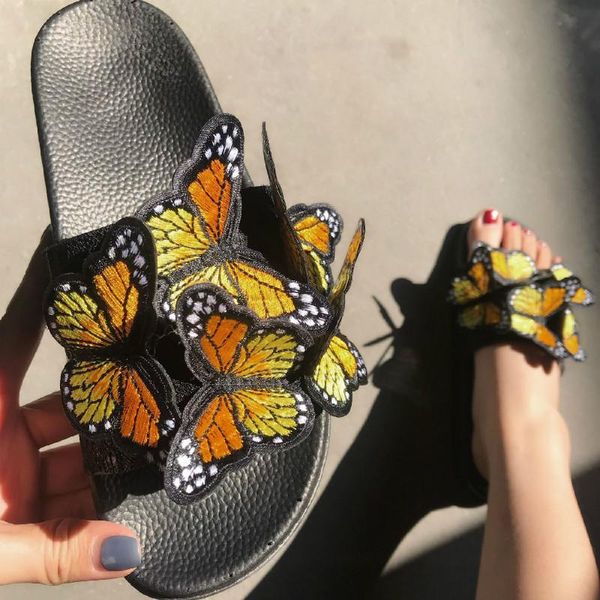 

slippers summer sandals platform flats women butterfly-knot casual slides beach shoes flat outside flops, Black
