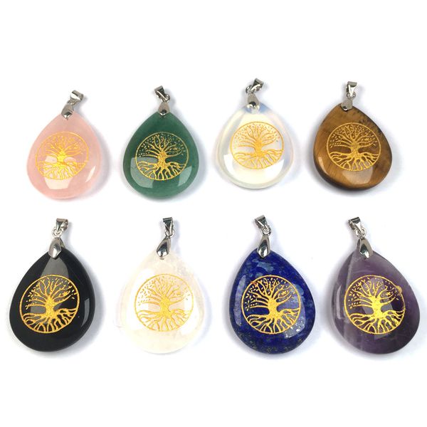 

chakra reiki healing semi-precious stone pendant waterdrop gold tree of life pattern charms amulet crystal meditation for men women jewelry, Silver