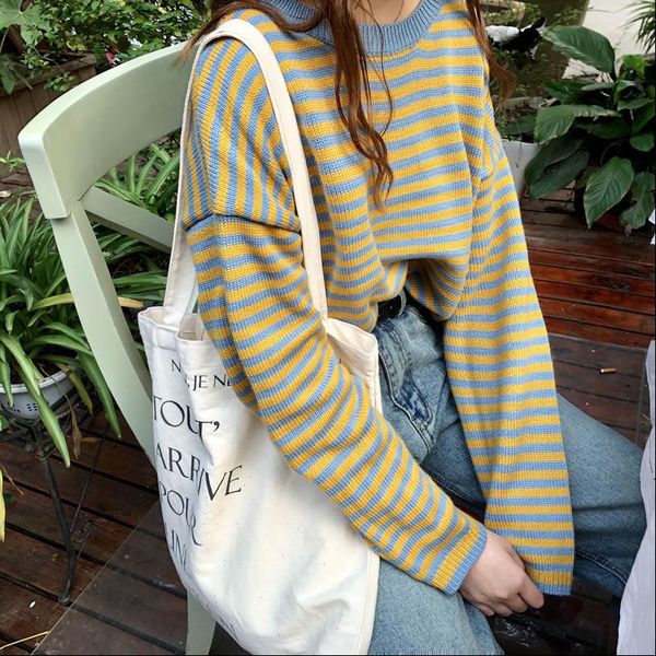 

female women sweaters pullover long sleeve harajuku autumn winter korea style casual loose joker stripe sweater, White;black