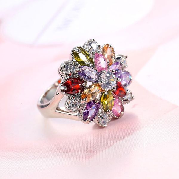 

cluster rings beiver multi-color zircon stone flower ring for women rose gold color engagement / party jewelry, Golden;silver