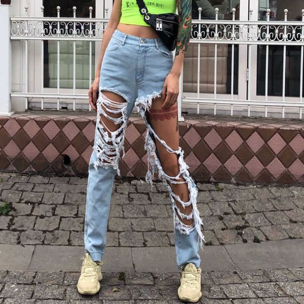 

fashion jeans 2021 street brand hole waist straight long pants punk wash light color white casual women's, Blue