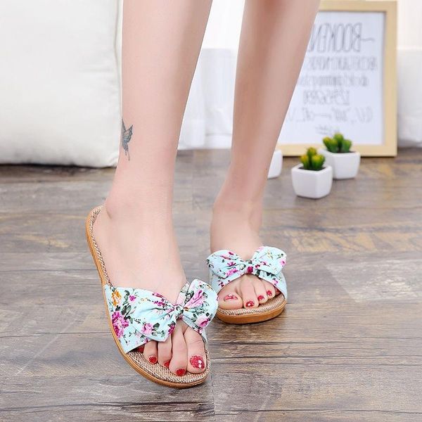 

slippers suihyung women flax summer casual slides beach shoes ladies indoor linen bohemia floral bow flip flops sandals, Black
