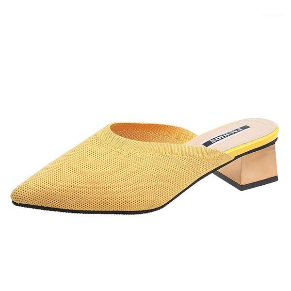 

slippers 2021 women shoes woman air mesh breathable mules cover pointed toe square mid heels ladies female slides1, Black