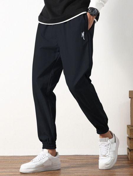 

men embroidery detail carrot pants l19c#, Black