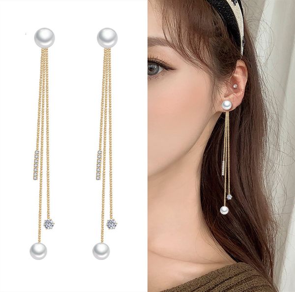 

925 sier needle pearl earrings women's korean net red long tassel fashion high sense, Golden