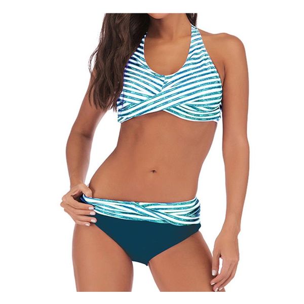 

women's swimwear striped print bikini push up halter tankini split swimsuit high waist beach stroje kompielowe #t2g, White;black