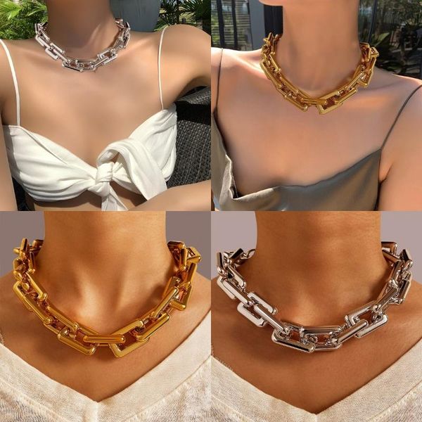 

chokers 2021 punk exaggerated golden silver chunky chain necklace collar for women men retro thick u-lock square jewelry