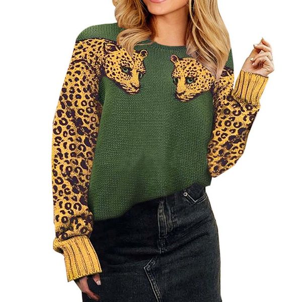

women's sweaters knit sleeve casual loose o-neck sweater for women autumn contrast color mosaic leopard pattern long-sleeved shirt, White;black
