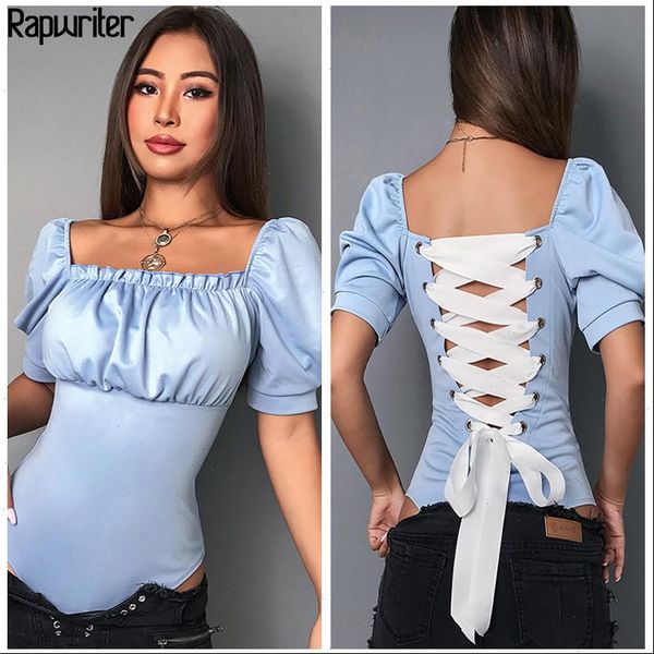 

backless panelled lace up square collar lolita style bodysuits women 2021 short flare sleeve open crotch bodysuit, Black;white