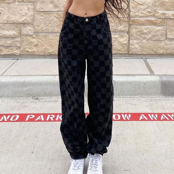 

women's jeans 2021 autumn winter plaid pants women casual loose wide leg trousers retro teens straight streetwear, Blue