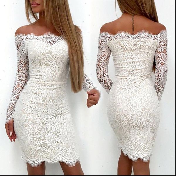 

2021 women white lace dress elegant ladies off shoulder summer womens long sleeve party pencil dress vestidos, Black;gray