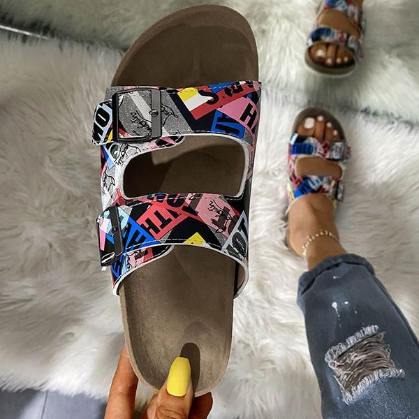 

summer women slipeprs graffiti buckle platform flat low heel slides fashion casual sandals outdoor ladies shoes zapatos de mujer, Black