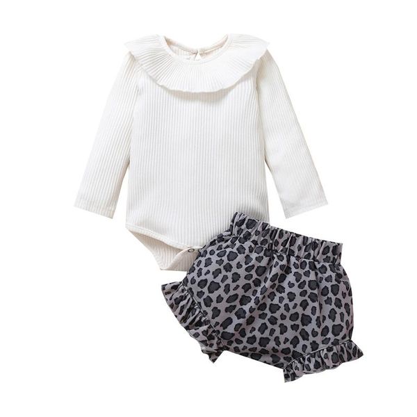

clothing sets 0-24m born baby girls long sleeve solid romper +leopard shorts 2cps autumn set, White