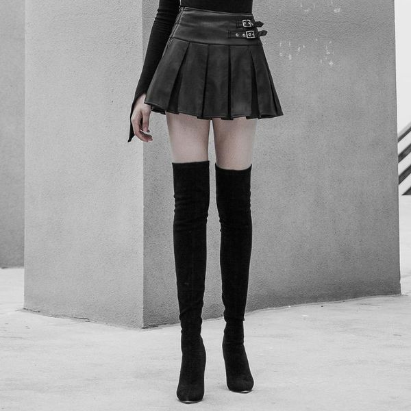 

skirts slimming wild personality black short skirt women's punk high waist metal buckle decorative pleated pu half rave
