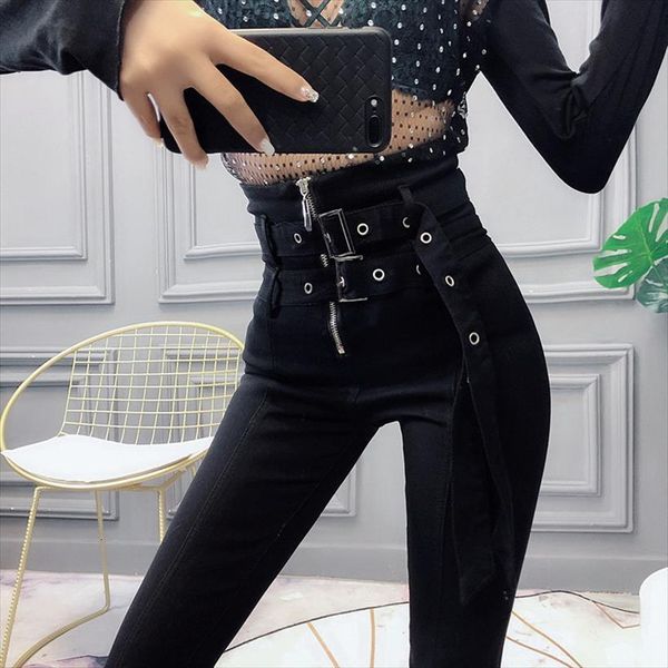 

kpop seo yea ji womens capris korean black high waist sweatpants streetwear double pants belt slim bag hips feet pencil, Black;white