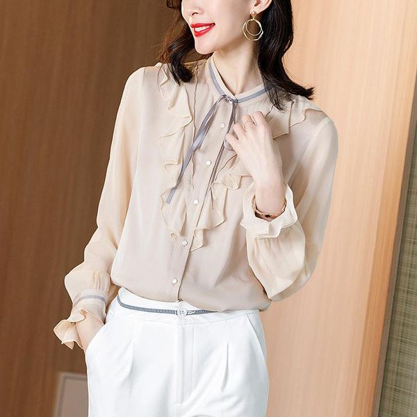 

women's blouses & shirts 2021 spring and summer long-sleeved shirt temperament bow heavy silk blouse small, White