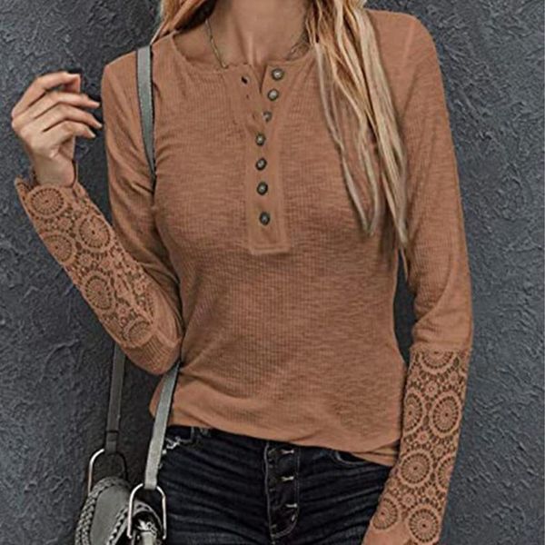 

women's t-shirt lace splicing long sleeve t shirt woman button autumn slim women tee streetwear patchwork spri x1s7, White