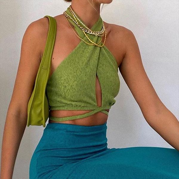 

green bandage halter womens tanks crop backless club party chic wrap cropped tank vest slim streetwear, White